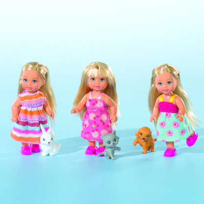 Three Simba Dickie Evi Love Pet Friends dolls in vibrant dresses and pink shoes stand on a light blue background, each with a pet—a white bunny, gray kitten, or brown puppy—inviting creative play for kids.