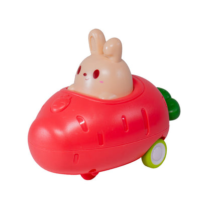 The Toysmith Push 'N Go Bunny is a cute farm-themed toddler toy featuring a bunny in a red strawberry-shaped car with green wheels and leaf details, perfect for push-and-go play on any white background.