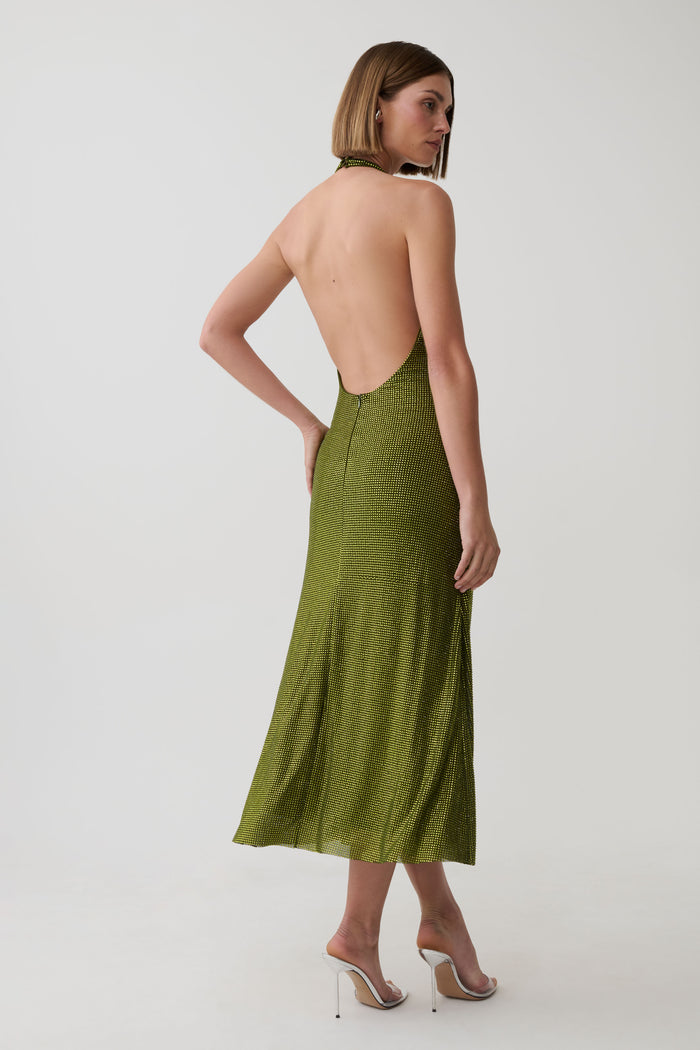 Genie Diamante Halter Midi Dress - Olive