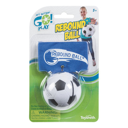 The Get Outside GO! Rebound Ball by Get Outside GO! is an outdoor toy for kids 5+, featuring a black and white soccer ball wristband on a blue strap. The packaging displays a smiling child with the soccer ball.