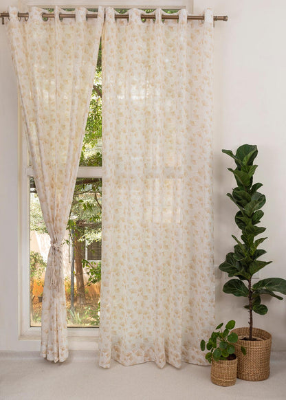 Gingko printed sheer Fabric - Beige