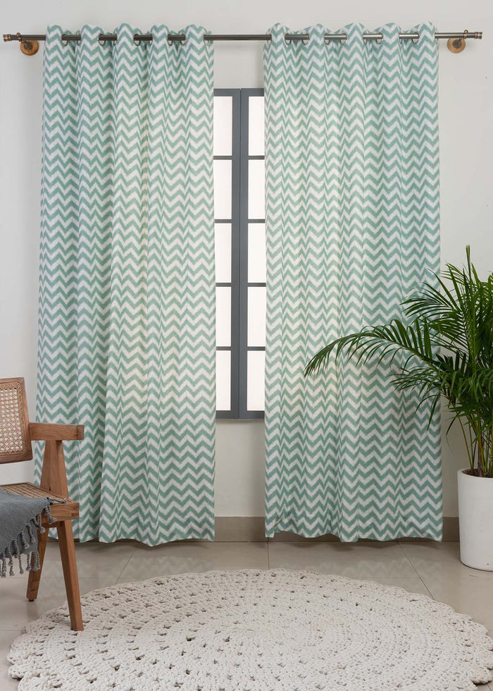 Ikat Chevron Nile Blue 100% cotton geometric curtain for living room - Room darkening - Single Piece