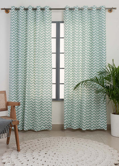 Ikat Chevron Nile Blue 100% cotton geometric curtain for living room - Room darkening - Single Piece