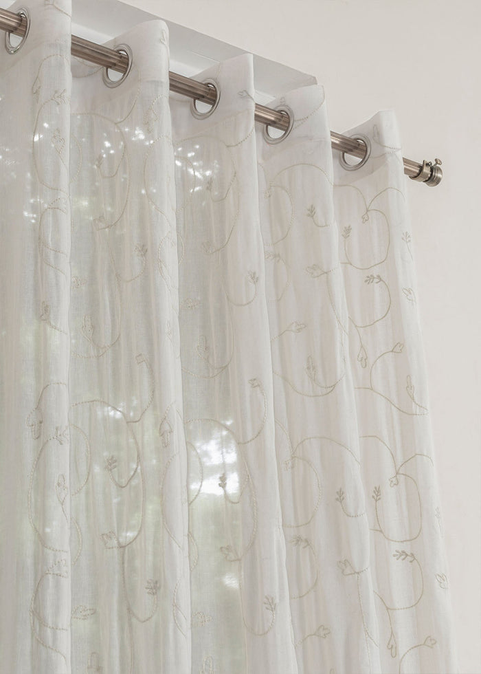 Ivy Vines  White 100% cotton sheer embroidered minimal curtain for living room -  Light filtering - Single Piece