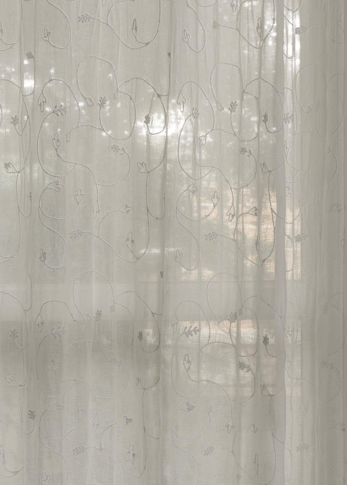 Ivy Vines  White 100% cotton sheer embroidered minimal curtain for living room -  Light filtering - Single Piece