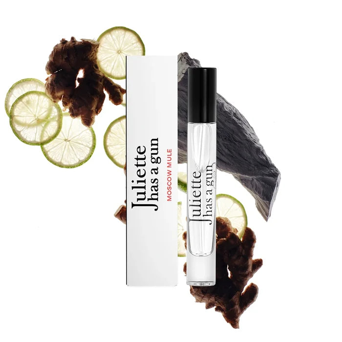Travel | 7.5ml, Juliette Has A Gun Moscow Mule Eau de Parfum 7.5 ml travel spray with ginger and lime slices