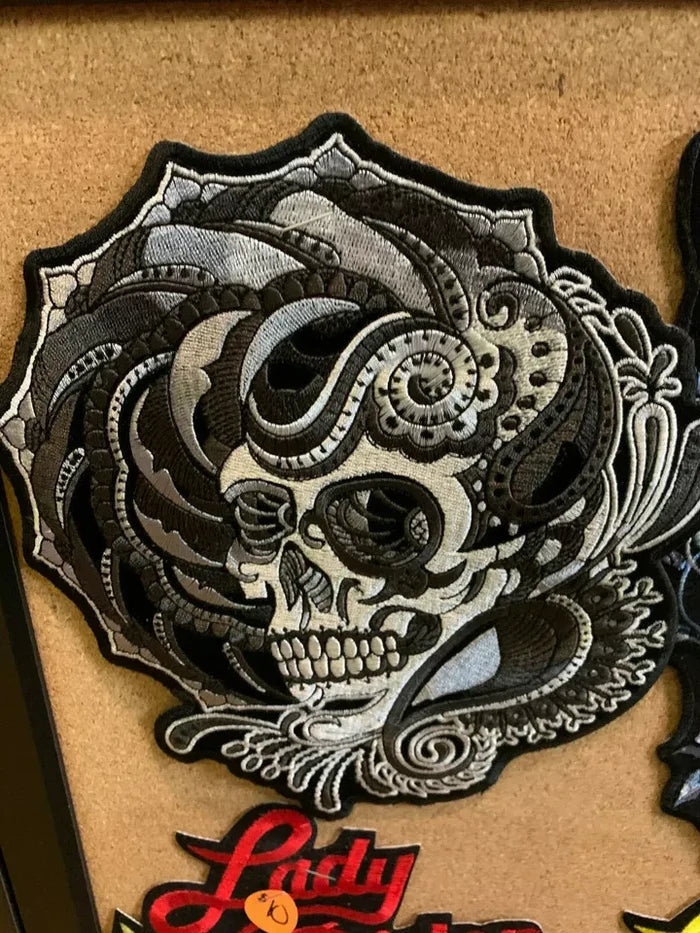 Ladies Black & White Sugar Skull Embroidered Back Patch