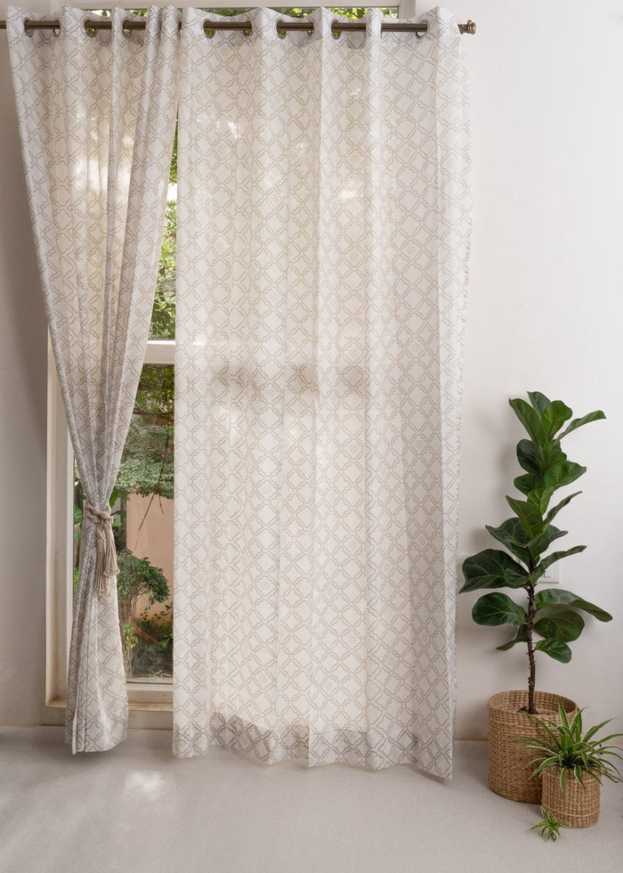 Lattice 100% cotton Sheer Geometric curtain for Living room & bedroom - Light filtering - Walnut Grey - Single Piece