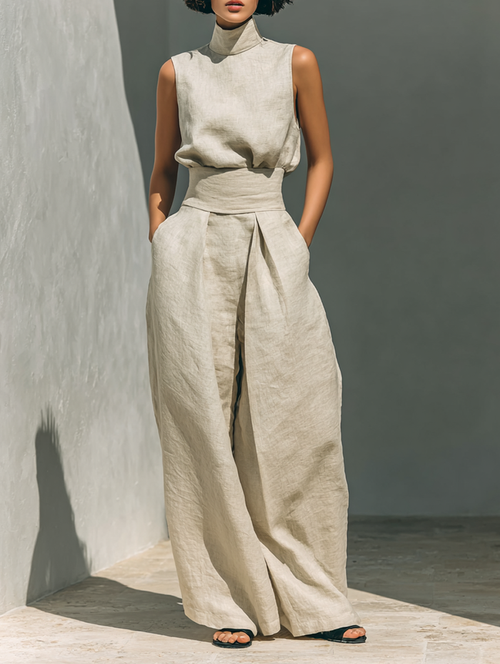 Lili – Minimalist Cotton and Canvas Set: Tank Top and Loose Pants for Women