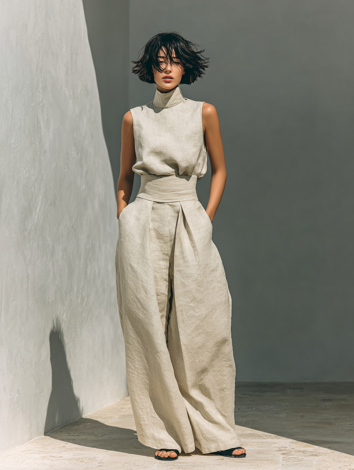 Lili – Minimalist Cotton and Canvas Set: Tank Top and Loose Pants for Women