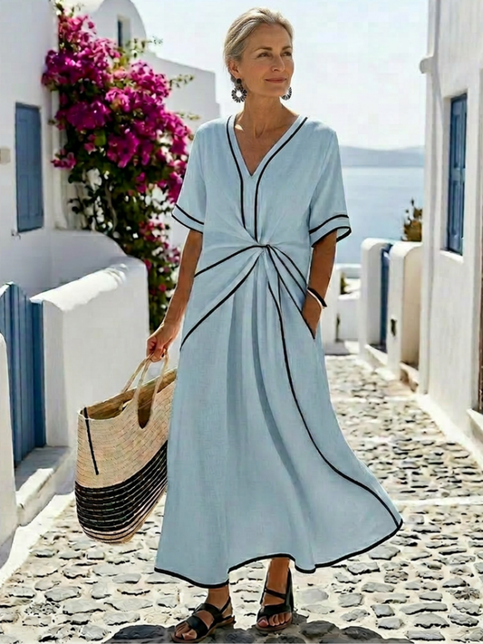 Linnea | Short Sleeve Midi Dress with V-Neck and Gathered Waist