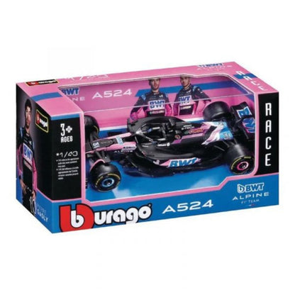 A boxed Maisto Formula One die-cast car featuring the A524 Alpine F1 Team in pink and blue, with two drivers shown on packaging. Recommended for ages 3+, it’s ideal for 1:43 scale F1 fans and boasts bold BWT and Alpine branding.