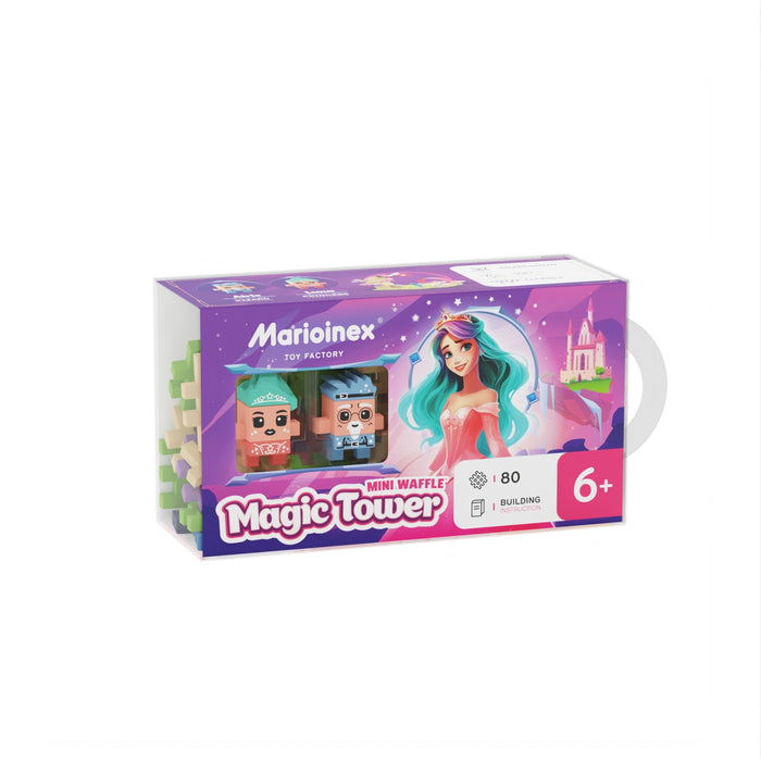 A box of Marioinex Mini Waffle City building blocks, an educational construction set in vibrant purple packaging. Includes 80 pieces, ideal as a building toy for kids ages 6 and up.