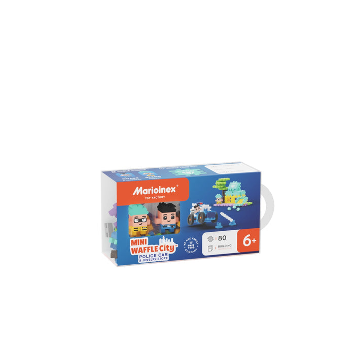 Marioinex Mini Waffle City Police Car is an 80-piece building toy for kids ages 6+, featuring blocky police characters and a car—an educational STEM construction set that sparks creativity.