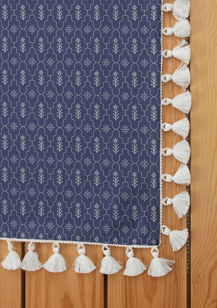 Meadows 100% cotton geometric table cloth for 4 seater or 6 seater dining with tassel - Indigo