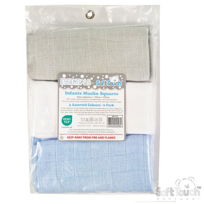 MULTICOLOUR 6-PACK PLAIN MUSLIN SQUARES (PK6) MS11-B