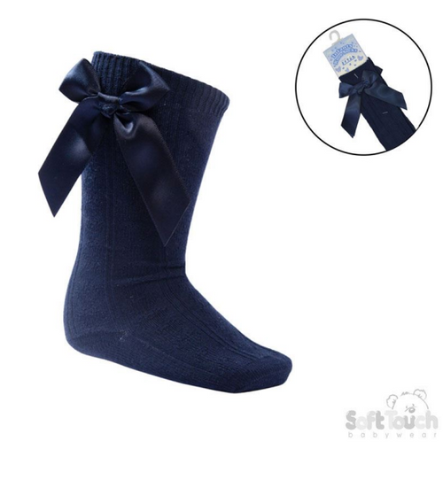 Navy 'Adorable' Knee Length Socks w/Satin  Bow : S141-N