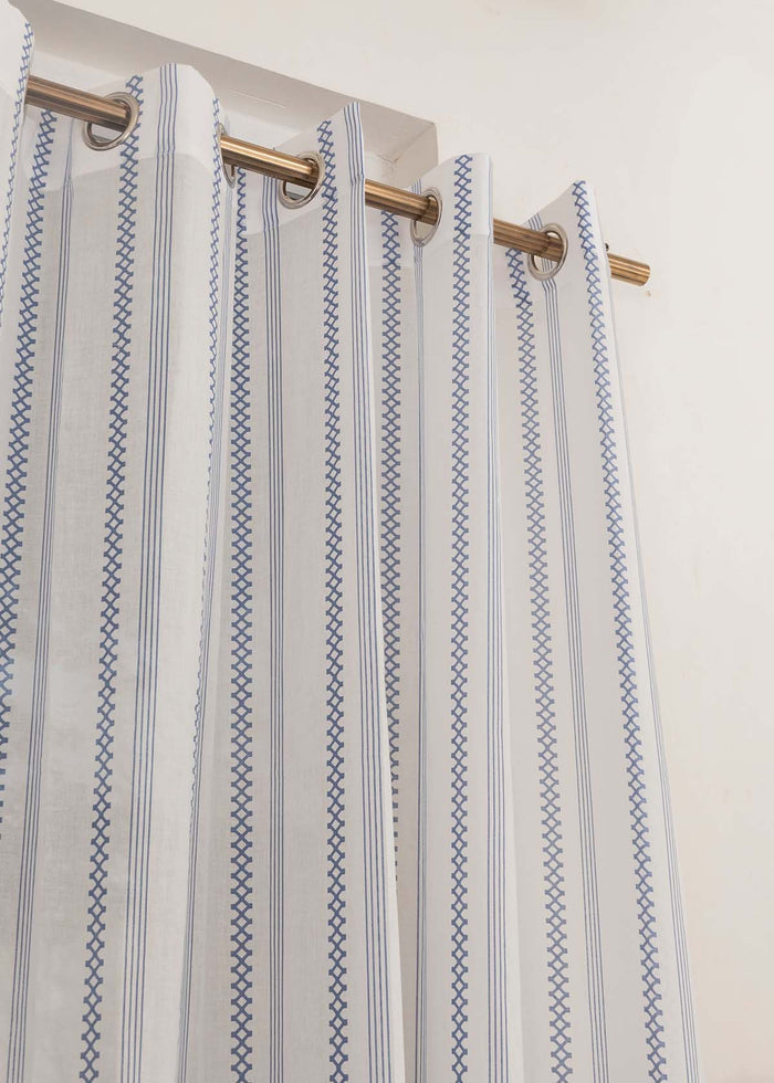 Picket Fence  Royal Blue 100% Cotton Sheer Geometric curtain for Living room & bedroom - Light filtering - Single Piece