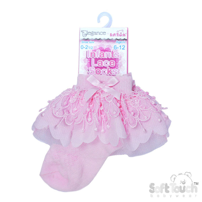 PINK ANKLE SOCKS W/BELL LACE & BOW (0-24 Months) S344P