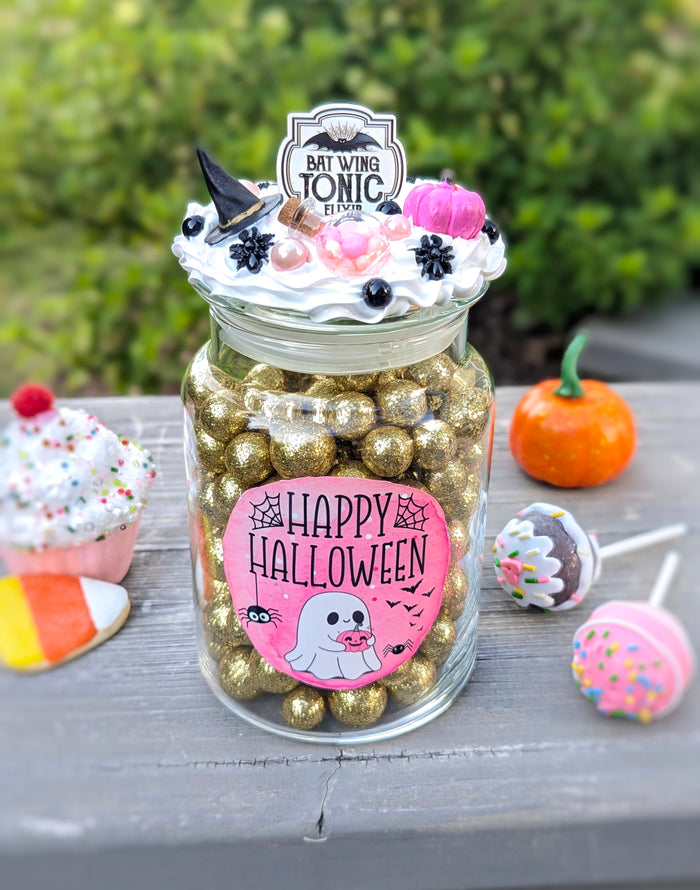 Pink Halloween Candy Jar with Cute Ghost Decor - Pink and Black Halloween