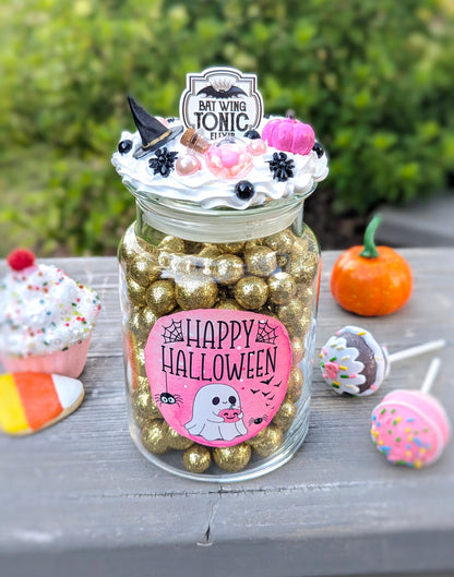 Pink Halloween Candy Jar with Cute Ghost Decor - Pink and Black Halloween