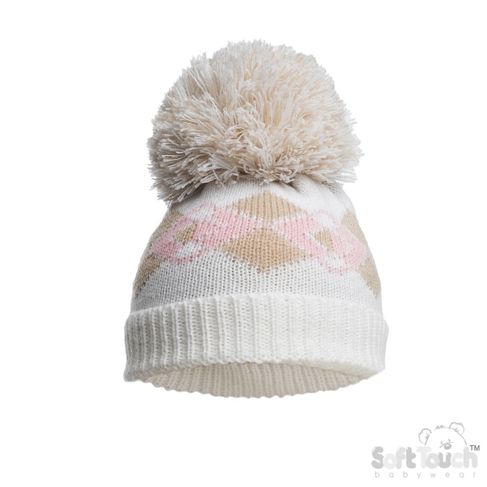 PINK INFANTS ACRYLIC ARGYLE HAT W/POM POM - (NB-12 Months) (PK6) H690-P