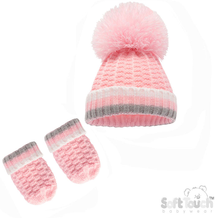 PINK RIBBED HAT & MITTEN SET (NB-12 Months) H648-P-SM