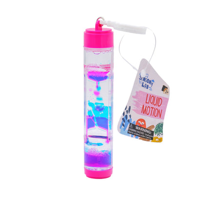 The Sensory Lab Liquid Motion Assortment by Sensory Lab features a pink-capped sensory toy with colorful liquids that form soothing bubbles and patterns as they flow. The top label displays playful graphics and a warning sign.