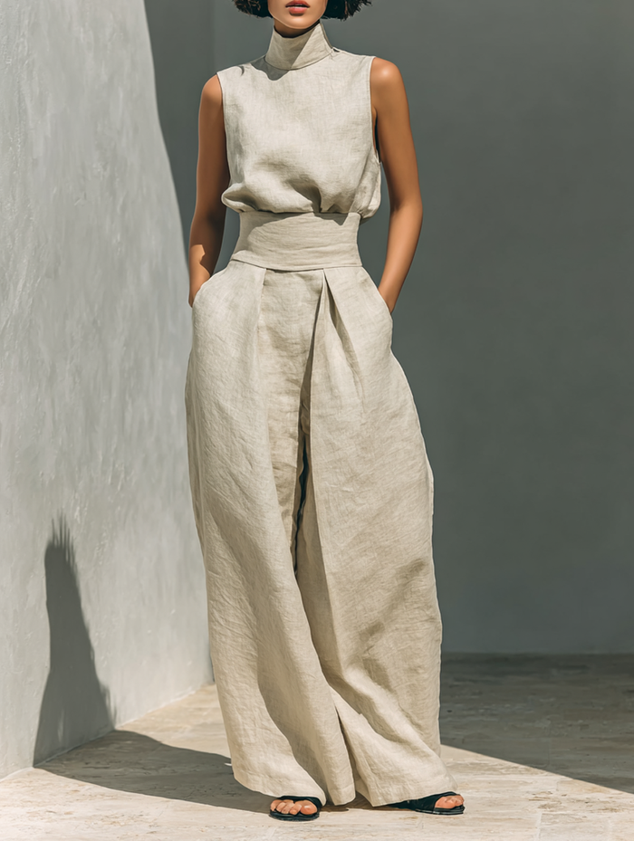Set composed of a sleeveless blouse and wide-leg pants in a cotton and linen blend.
