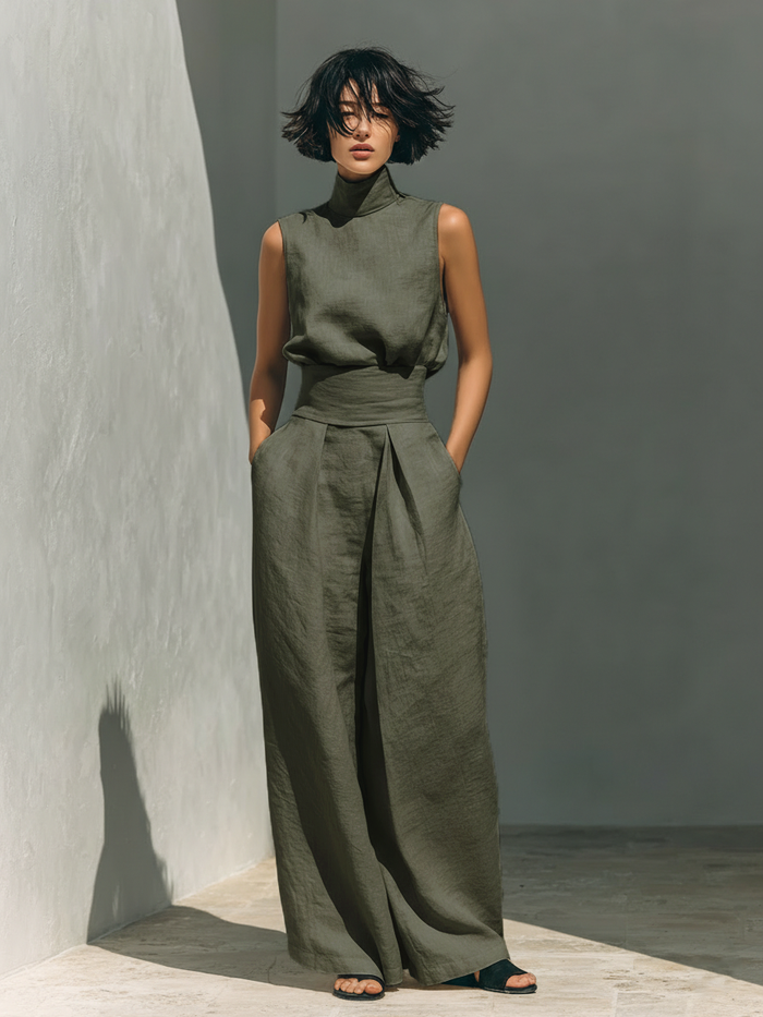 Set composed of a sleeveless blouse and wide-leg pants in a cotton and linen blend.