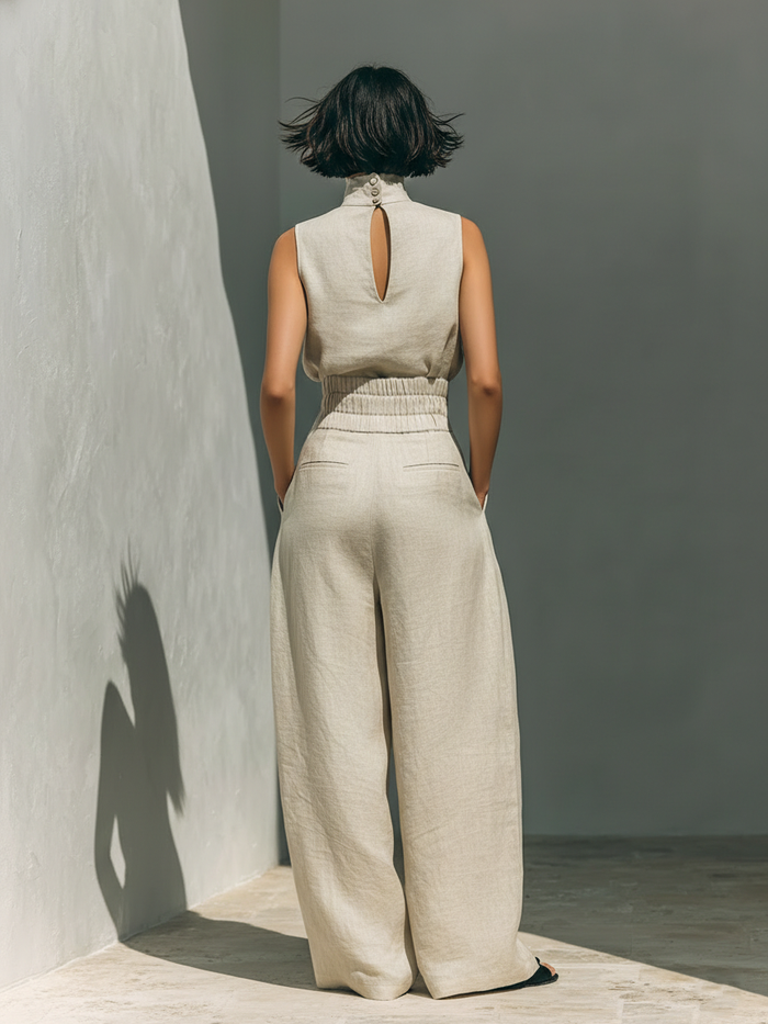 Set composed of a sleeveless blouse and wide-leg pants in a cotton and linen blend.