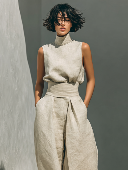 Set composed of a sleeveless blouse and wide-leg pants in a cotton and linen blend.