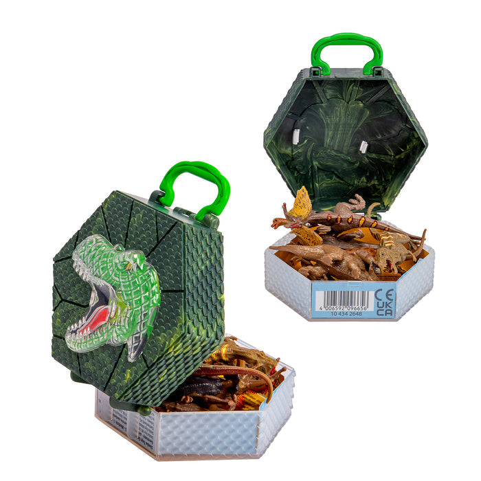 The Simba Dickie Dinosaurs in Carry Case is a hexagonal green case with a crocodile head design, featuring a handle and filled with mini dinosaur and animal figures—ideal for travel play. Shown from both front and back views.