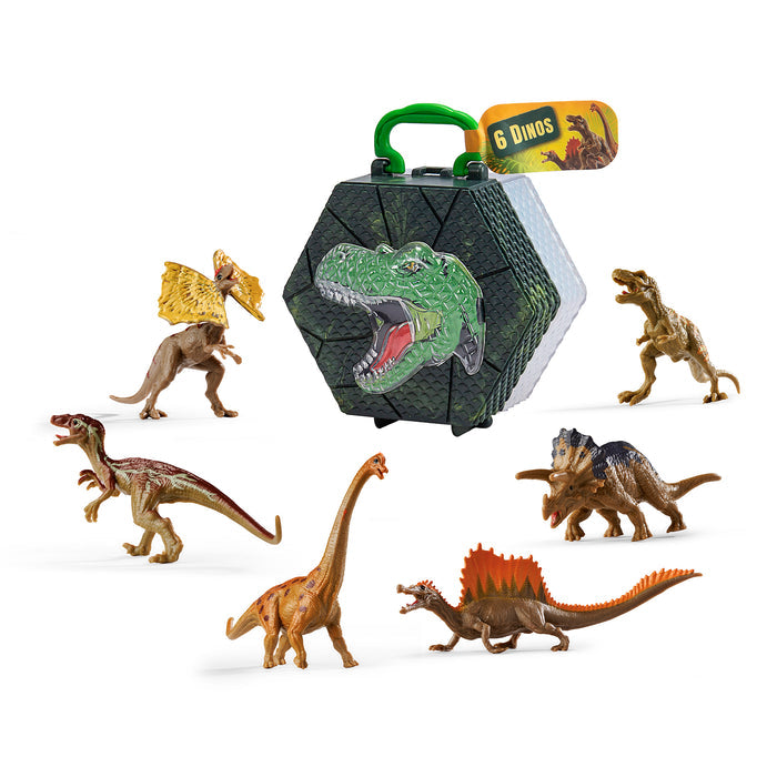 Six colorful Simba Dickie Dinosaurs mini figures are arranged around a hexagonal carry case with a green handle, showcasing a large T. rex and "6 DINOS" tag—ideal for travel play.
