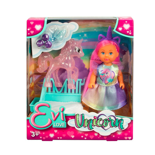 Simba Dickie EL Unicorn Playset features a small doll in a rainbow dress with a unicorn horn headband and a pink unicorn figure. Includes accessories, all in colorful packaging. Perfect for kids ages 3 and up.