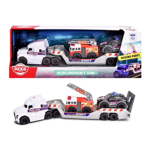 The Simba Dickie Micro Emergency Truck set includes a white police truck with a flatbed trailer carrying a red fire truck and black police SUV. Packaging features "Micro Emergency Truck" and the Dickie Toys logo.