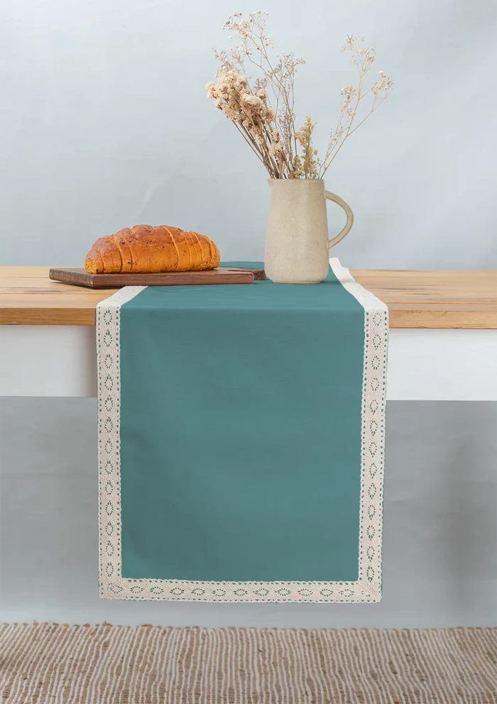 Solid aqua blue 100% cotton plain table runner for 4 seater or 6 seater dining  with lace border