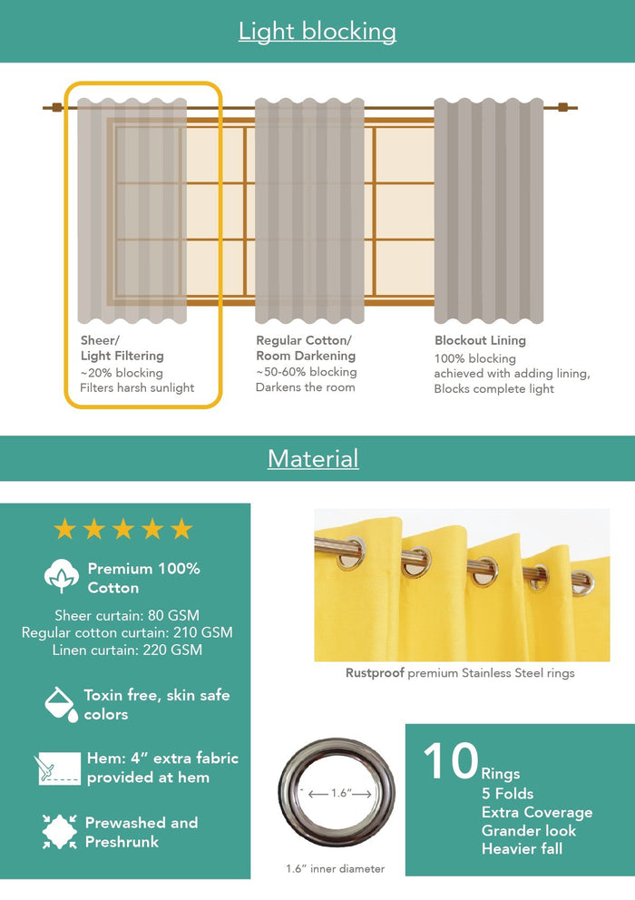 Solid Cream sheer 100% cotton plain curtain for Living room & bedroom - Light filtering - Single Piece