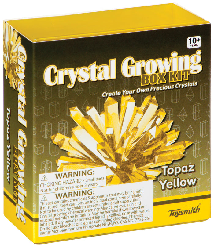 The Toysmith Crystal Growing Kit features a vibrant yellow box, large crystal image, age 10+ marking, and safety warnings—an ideal DIY science kit for kids who love experiments.