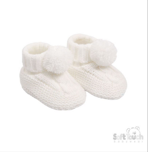 White 'Elegance' Cable Knit Bootees w/Pom Pom : ABO12-W