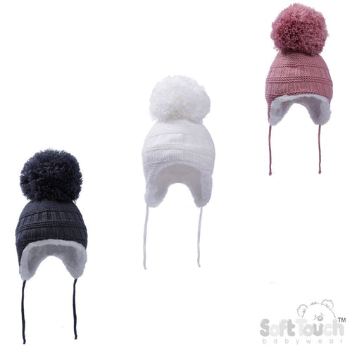 WHITE, STEEL BUE, DUSTY PINK KNITTED HAT W/POM POM, STRING & SHERPA LINING (NB-12 Months) H644-SM