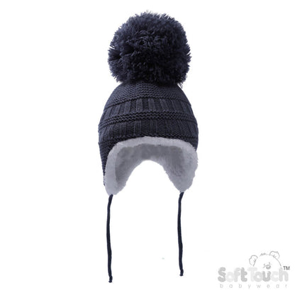 WHITE, STEEL BUE, DUSTY PINK KNITTED HAT W/POM POM, STRING & SHERPA LINING (NB-12 Months) H644-SM