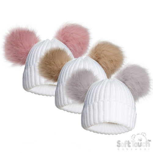 WHITE/ASSORTED COLOURS INFANTS ACRYLIC RIBBED HAT W/FAUX FUR POM POMS - (NB-12 Months) (PK6) H688-COL