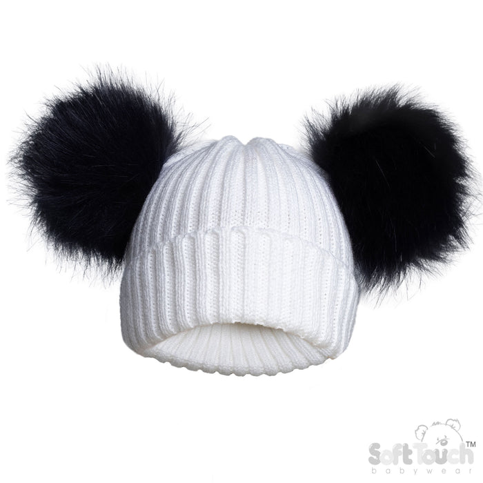 WHITE/NAVY INFANTS ACRYLIC RIBBED HAT W/FAUX FUR POM POMS - (NB-12 Months) (PK6) H688-N