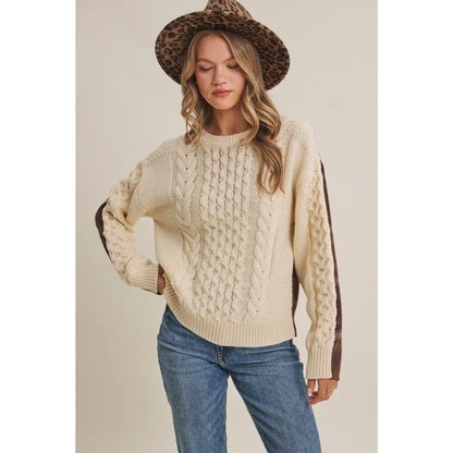 Woodland Plaid Back Mixed Media Cable Sweater