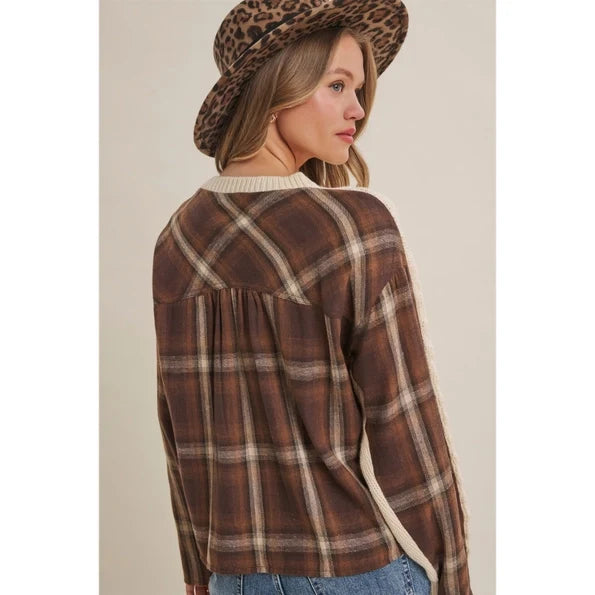 Woodland Plaid Back Mixed Media Cable Sweater